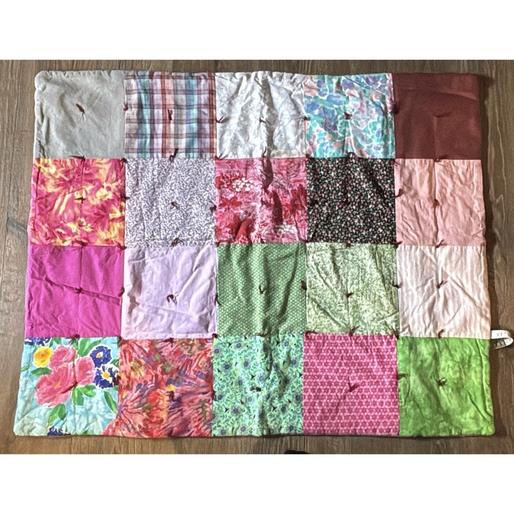 Vintage Multicolor Quilt, Yarn Tied, Signed By Artist 44x36"